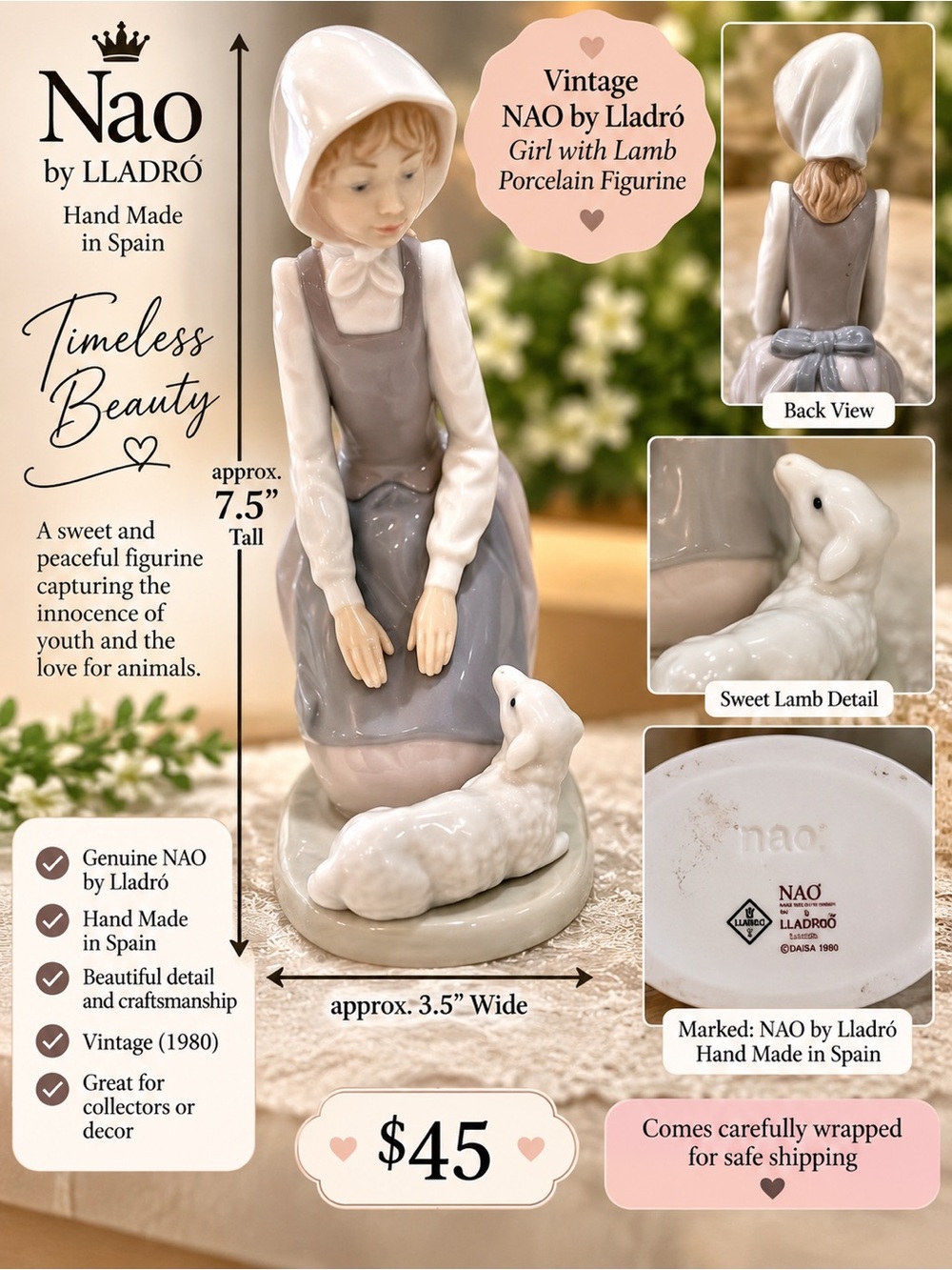 NAO by Lladro Porcelain Girl with Lamb Figurine - Soft Neutrals